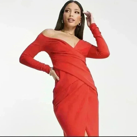 ASOS Vibrant Red Wrap Midi Dress - Picture 4 of 10